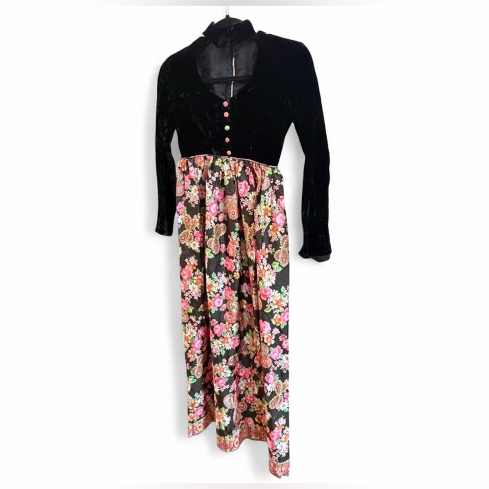 1960s Vintage Butterfly Floral Velvet Choker Neck Mod Long Dress, Boho Fairy